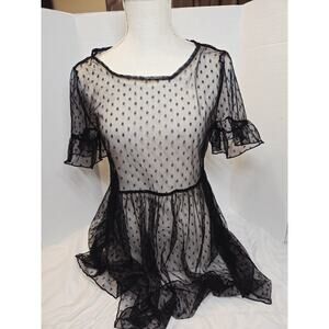 Black Sheer Lace Top Sz M 3/4 Sleeve Peplum Seduction Stretch Gothic Mallgoth